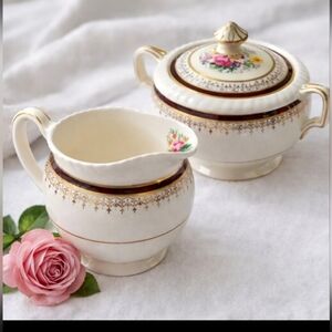Vintage Johnson Bros Old English Cream & Sugar Set -Romantic Floral Gold Gilt